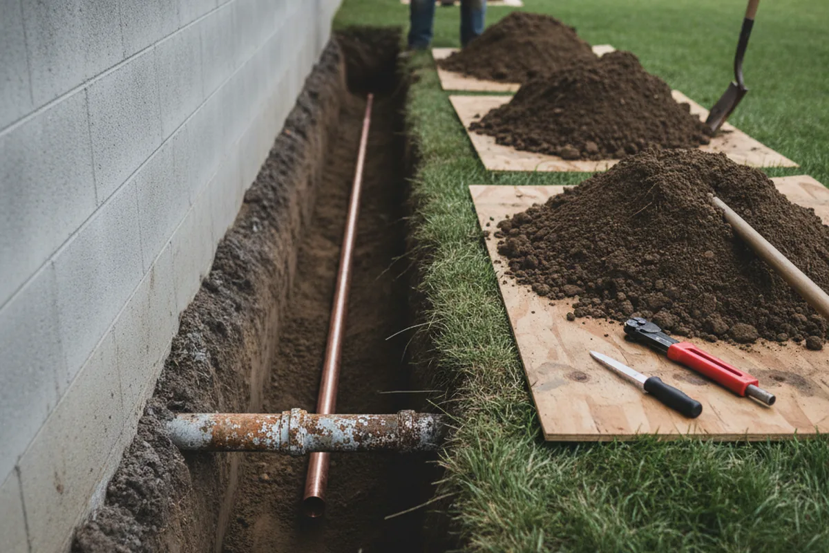 Excavated water line trench during Water Softener Installation in Ketchikan